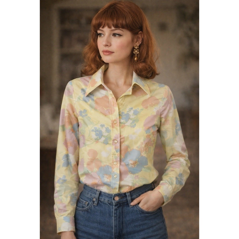 Vintage Jack Winter 70s Floral Pastel Blouse Small Long Sleeve